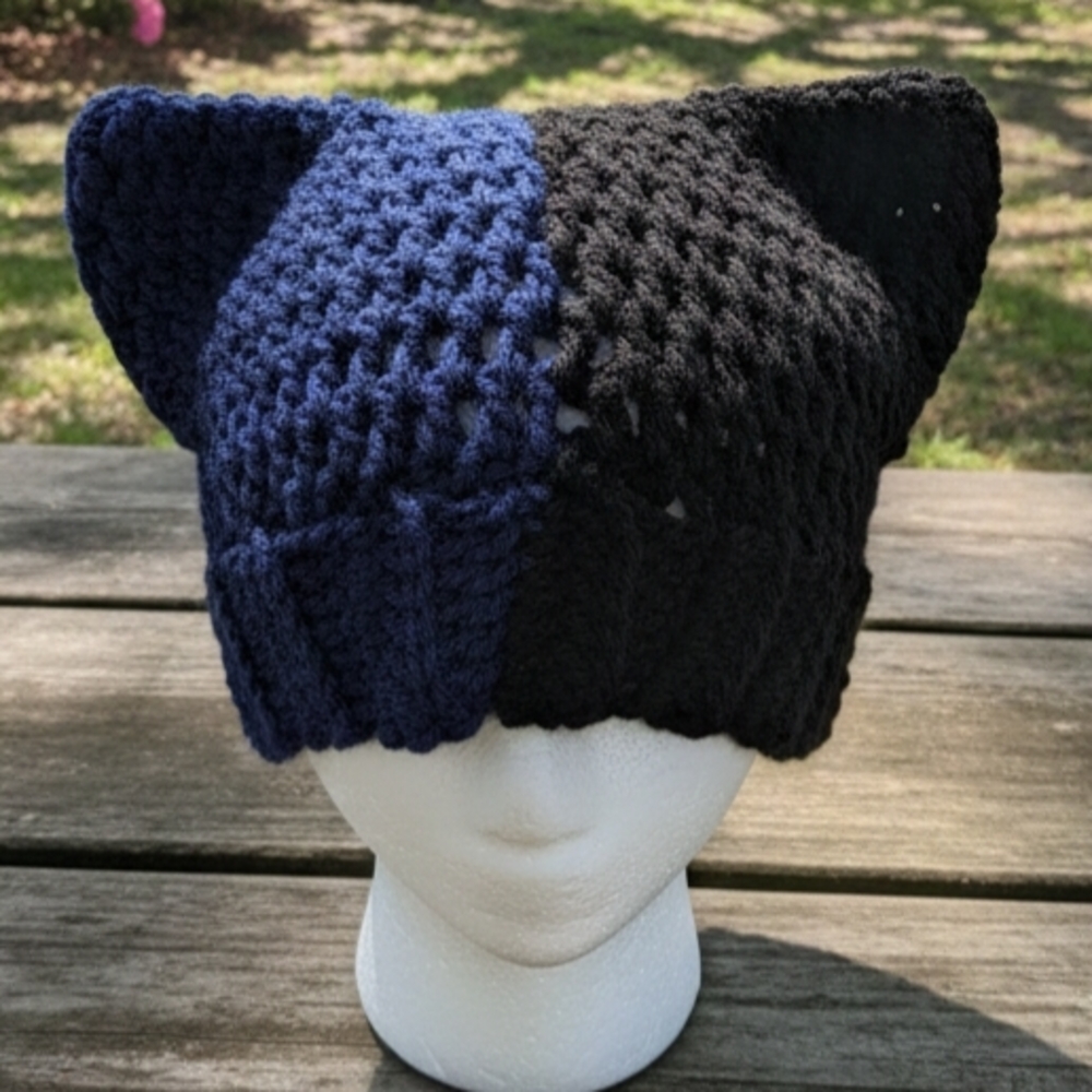 Black and Blue Half & Half Crocheted Cat Ear Beanie ✨️